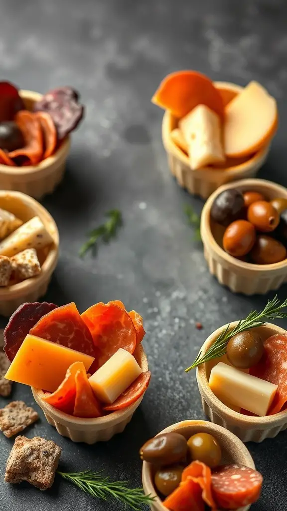 Savory cheese and charcuterie cups with assorted meats, cheeses, and olives.