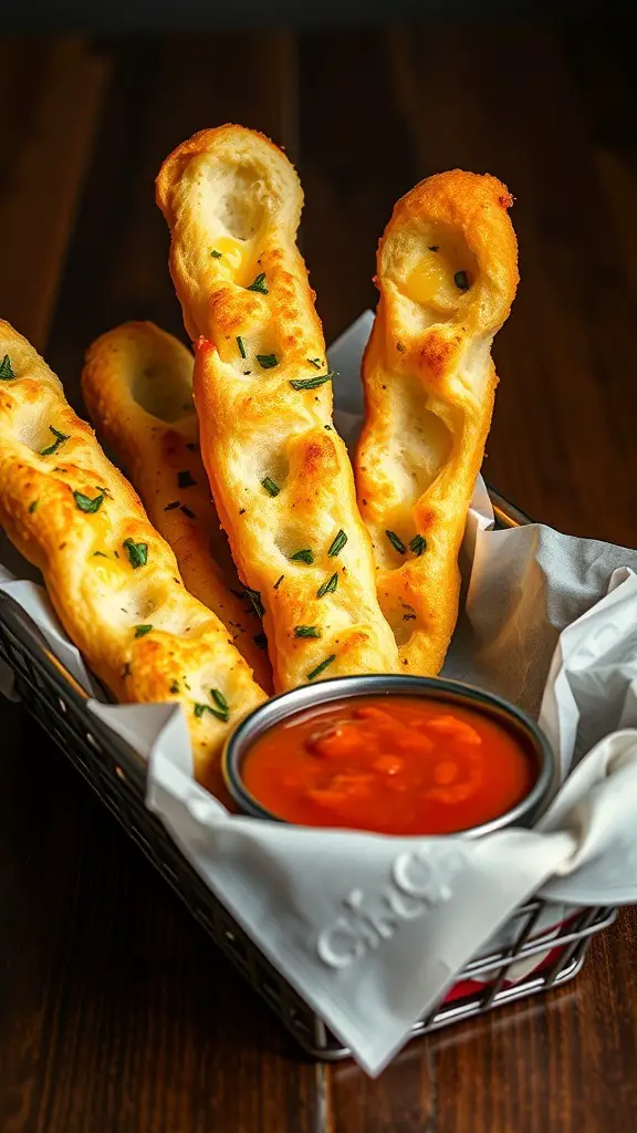 A basket of cheesy garlic breadsticks with marinara sauce