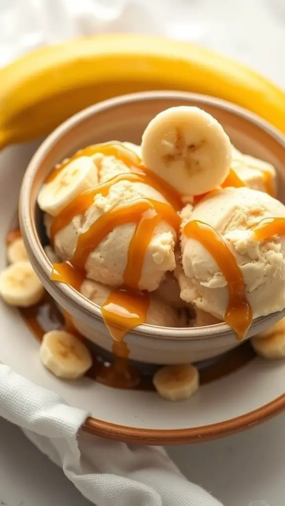 A bowl of caramelized banana ice cream topped with caramel sauce and banana slices.