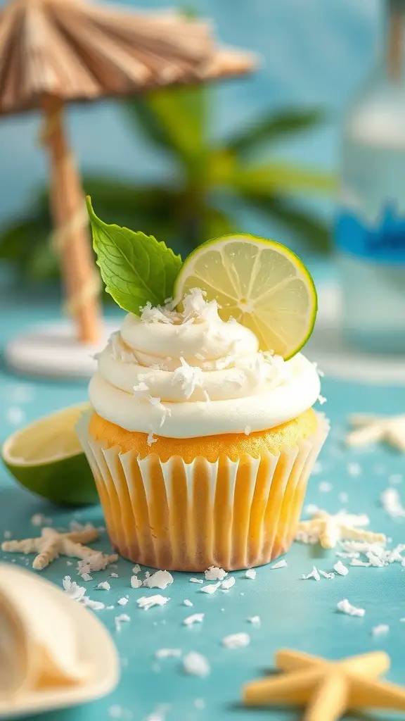 A coconut lime cupcake with frosting, topped with a lime slice and coconut shavings.