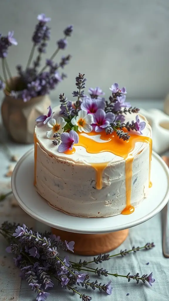 A beautifully decorated lavender and honey cake topped with flowers and honey drizzle.