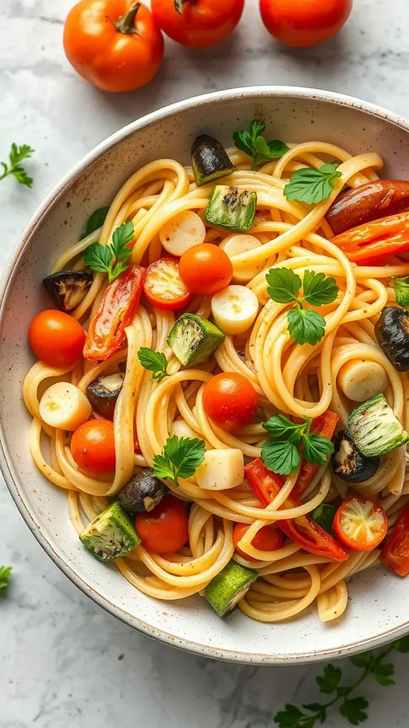 A bowl of Pasta Primavera with seasonal vegetables, including cherry tomatoes, zucchini, and bell peppers.