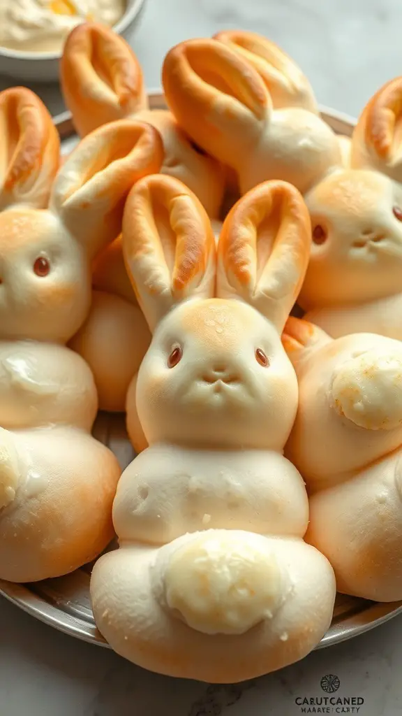A plate of decorative bunny bread rolls shaped like cute bunnies.