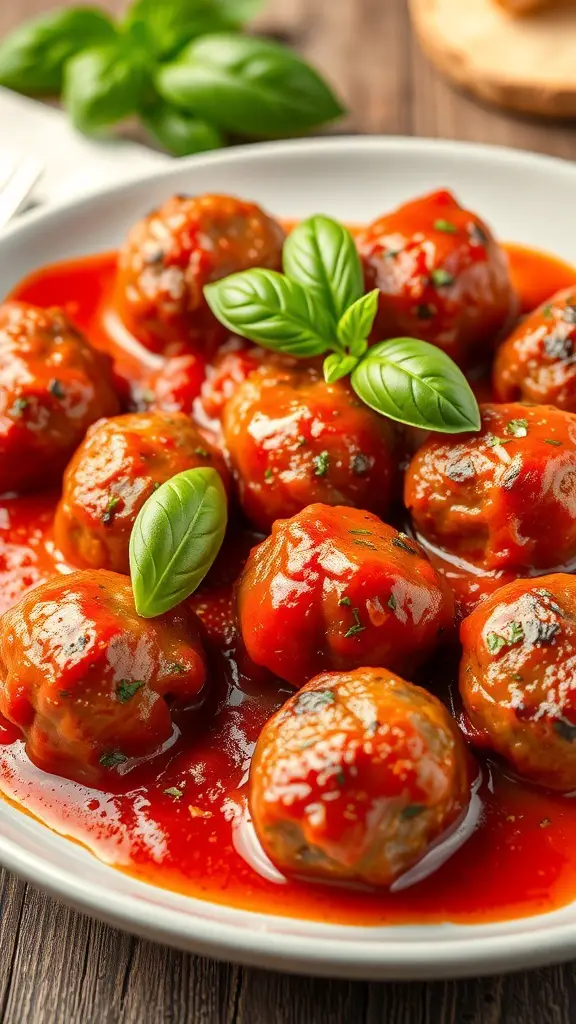 A plate of Italian meatballs in marinara sauce garnished with fresh basil.