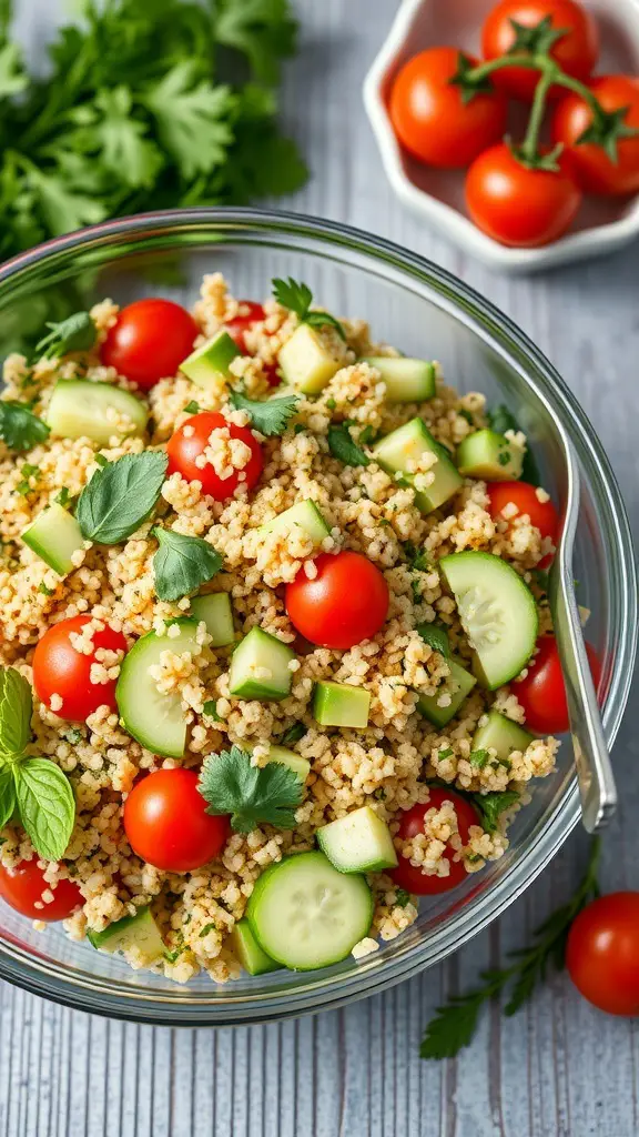 A bowl of herbed quinoa salad with cherry tomatoes, cucumbers, and fresh herbs.