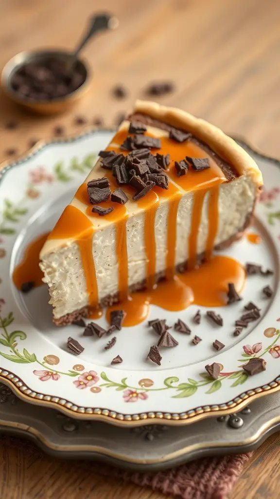 A slice of Irish Cream Cheesecake topped with caramel and chocolate shavings on a decorative plate.