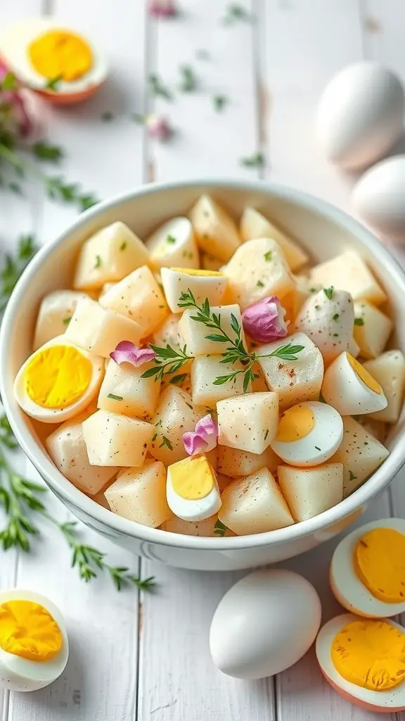 A bowl of classic potato salad with eggs, garnished with herbs and flowers, surrounded by whole and halved eggs.