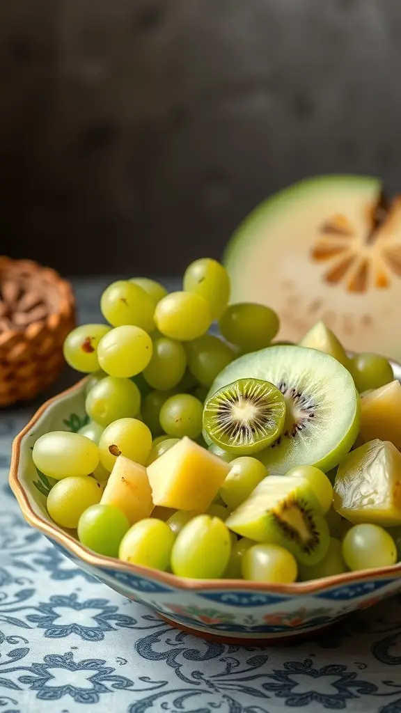 A bowl of green fruit salad with grapes, honeydew, and kiwi.