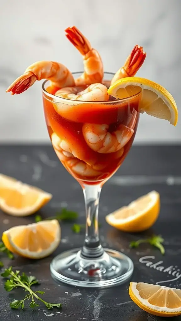 A glass of shrimp cocktail with lemon wedges and cocktail sauce