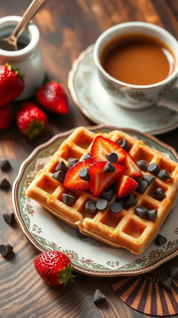 A plate of chocolate chip strawberry waffles with fresh strawberries and a cup of coffee