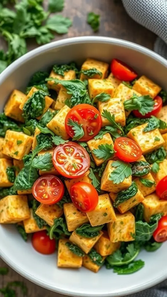 A bowl of herbed tofu scramble with spinach and cherry tomatoes.