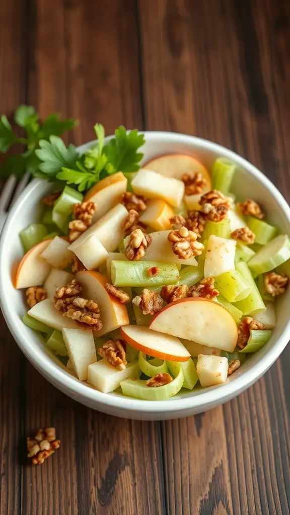 A bowl of apple and celery salad with walnuts, garnished with parsley, on a wooden table.