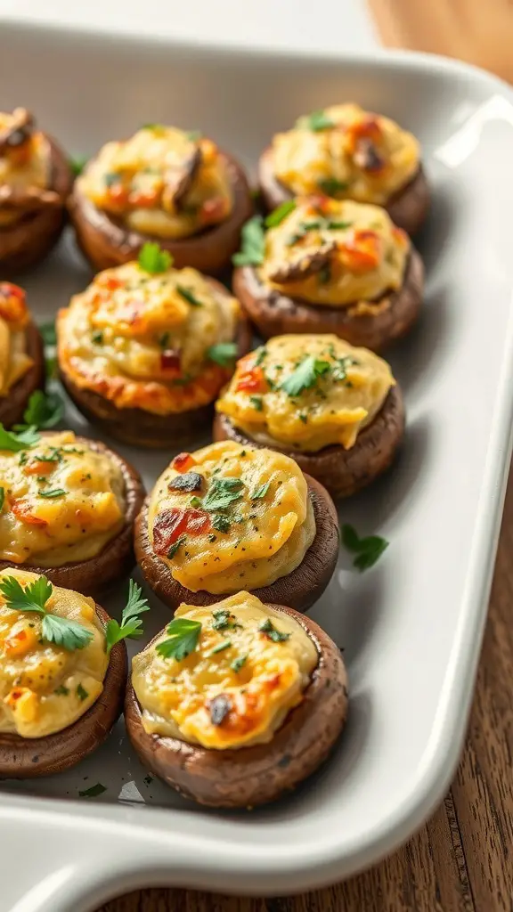 A platter of stuffed mushrooms topped with herbs and cheese, ready to be served as a party snack.