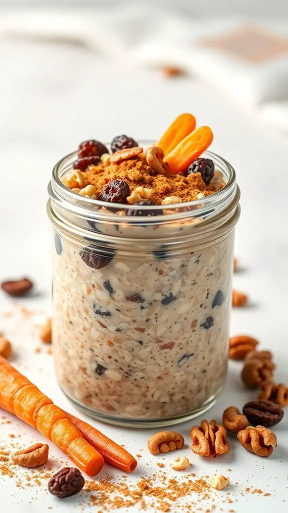 A jar of carrot cake overnight oats topped with nuts and grated carrots.
