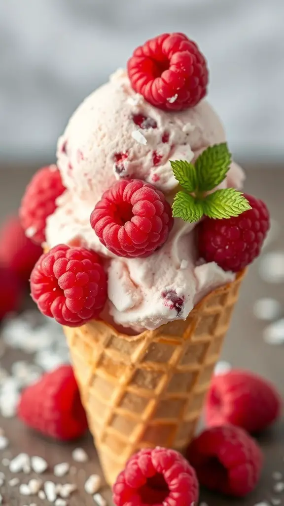 A delicious scoop of raspberry coconut ice cream topped with fresh raspberries and mint leaves in a waffle cone.