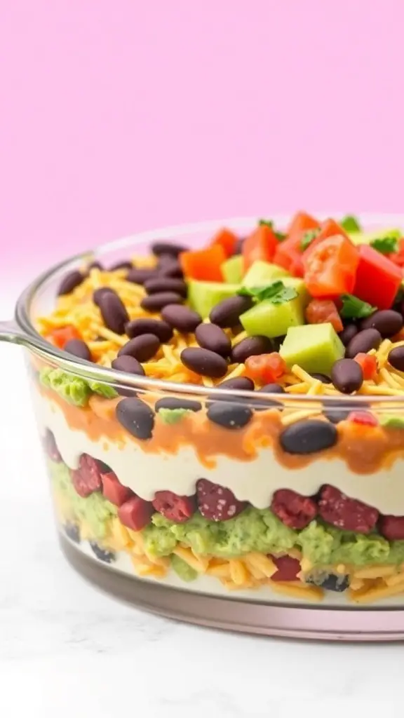 A colorful seven layer dip in a glass dish with layers of beans, guacamole, sour cream, salsa, cheese, olives, and tomatoes.