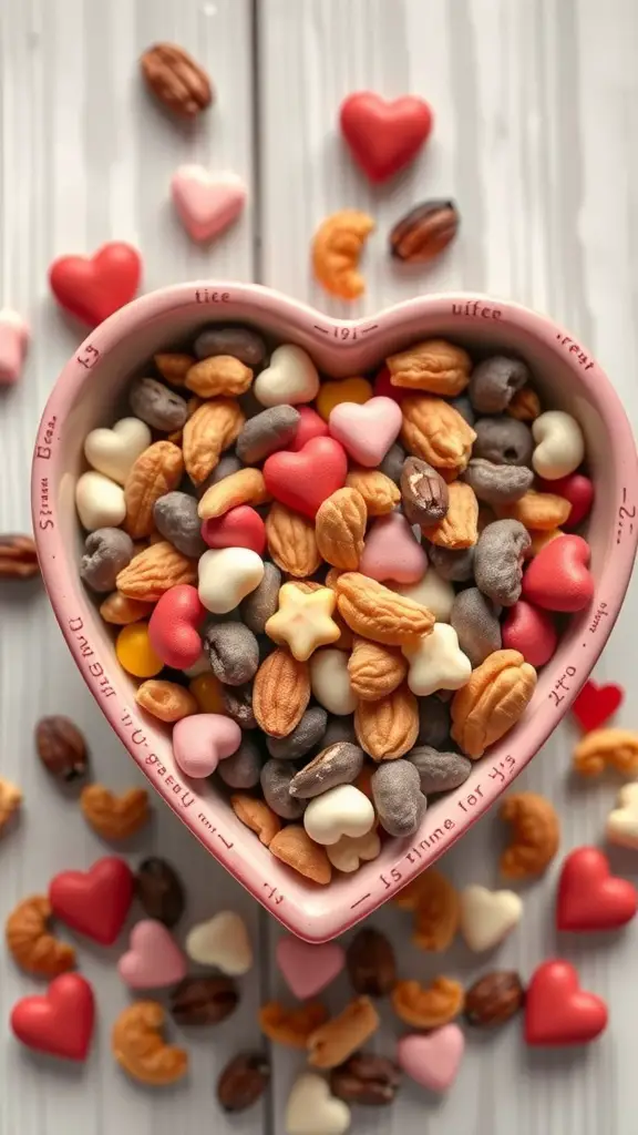 A heart-shaped bowl filled with colorful Valentine's Day trail mix, including heart-shaped candies and nuts.