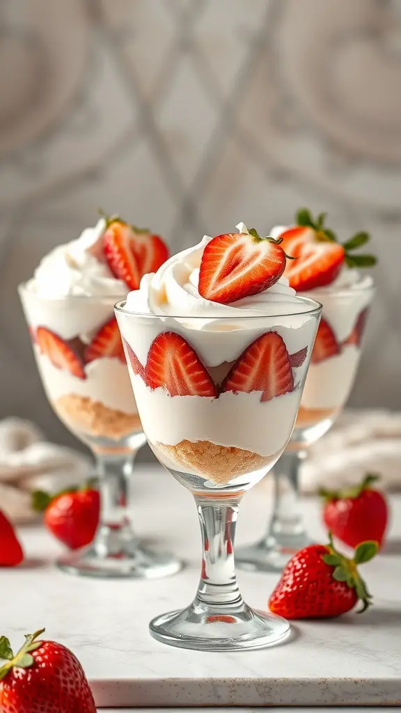 Three strawberry shortcake parfaits in clear glasses, topped with fresh strawberries and whipped cream.