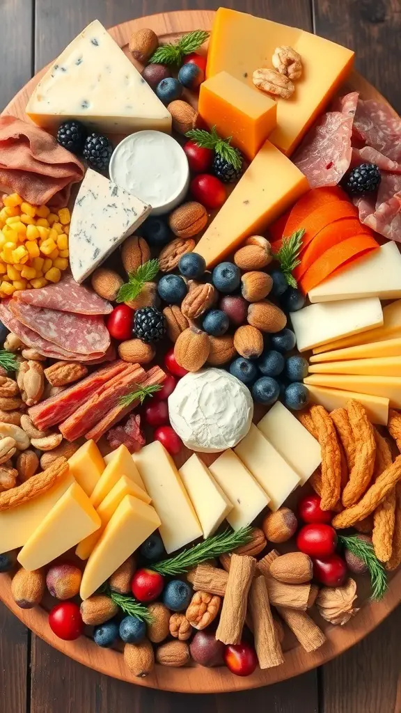 A vibrant cheese and charcuterie board featuring various cheeses, cured meats, fresh fruits, nuts, and dips.