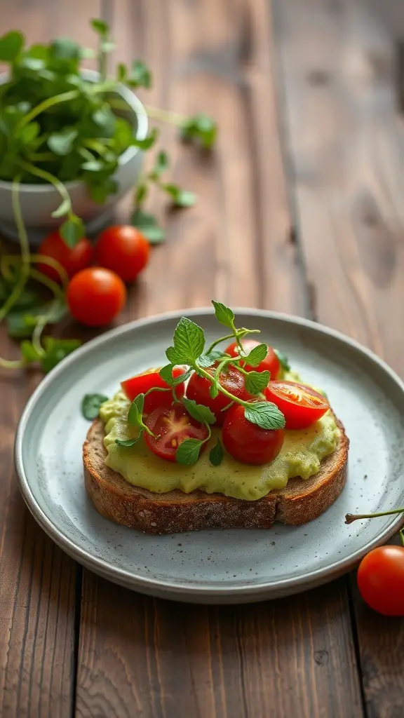 A plate of avocado toast topped with cherry tomatoes and fresh herbs on a wooden table.