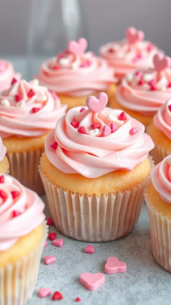 Vanilla cupcakes with pink frosting and heart sprinkles