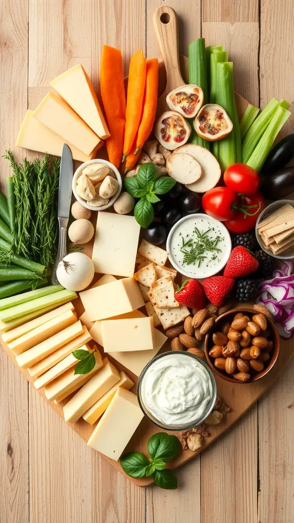 A heart-shaped charcuterie board featuring a variety of vegan options including fruits, vegetables, nuts, and dips.
