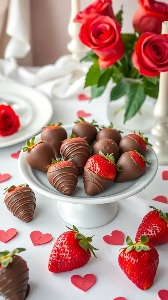 A plate of chocolate-covered strawberries shaped like roses, surrounded by red roses and heart decorations.