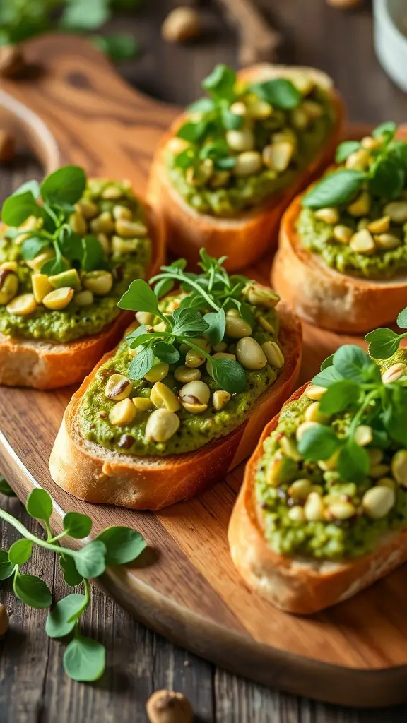 Toasted bread topped with pistachio pesto and garnished with herbs and nuts