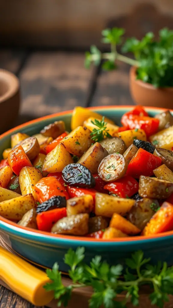 A colorful roasted vegetable medley in a bowl, featuring potatoes, bell peppers, and eggplant.