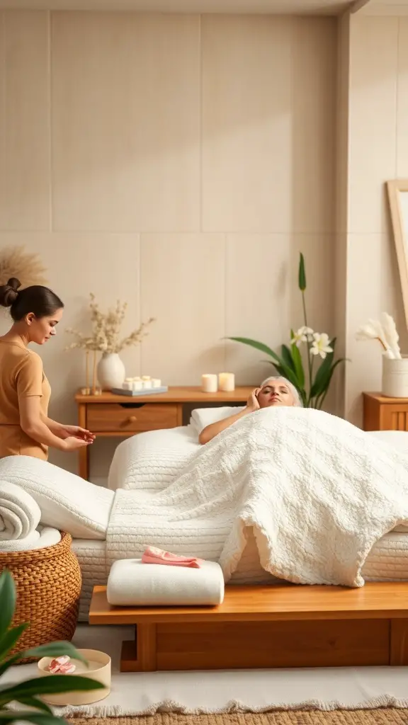 A serene spa setting with a person receiving a treatment and another preparing for a service.