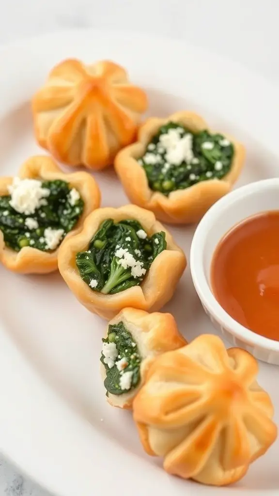 Savory spinach and feta puffs on a white plate with a side of dipping sauce