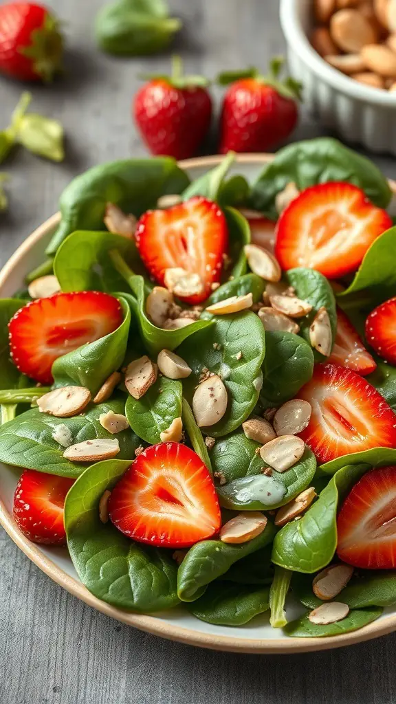 A fresh Strawberry Spinach Salad with sliced strawberries and almonds on a plate.