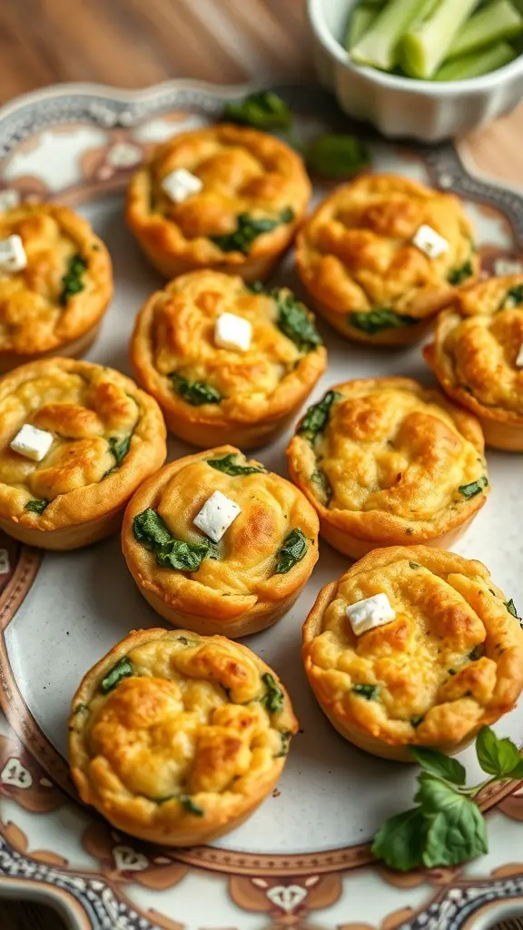 A plate of mini spinach and feta puffs, golden brown and topped with a small piece of feta, served with cucumber sticks.