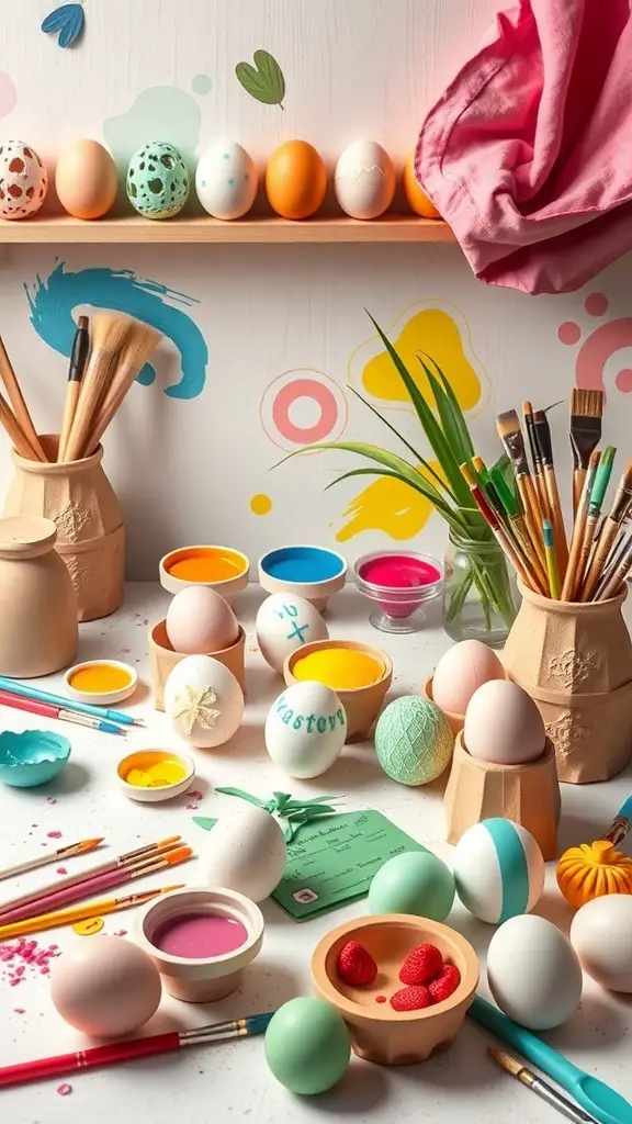 A colorful egg decorating station with paints, brushes, and decorated eggs.