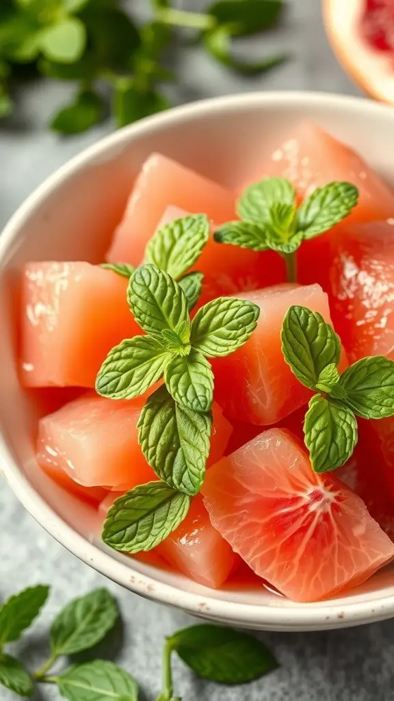 A bowl of pink grapefruit salad with fresh mint leaves