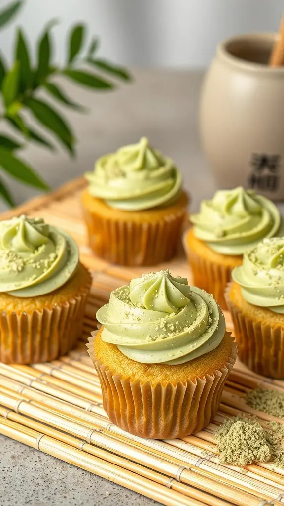 Delicious matcha green tea cupcakes with green frosting on a bamboo mat.