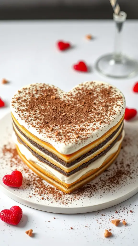 A heart-shaped tiramisu cake topped with cocoa powder and surrounded by small heart decorations.