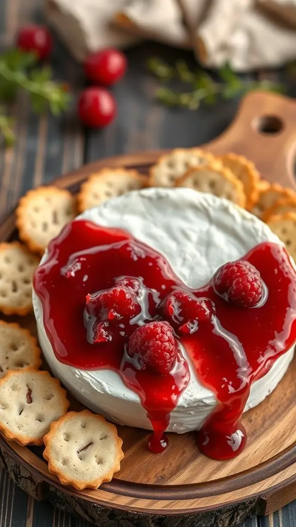 A wheel of baked brie topped with raspberry jam, surrounded by crackers on a wooden platter.