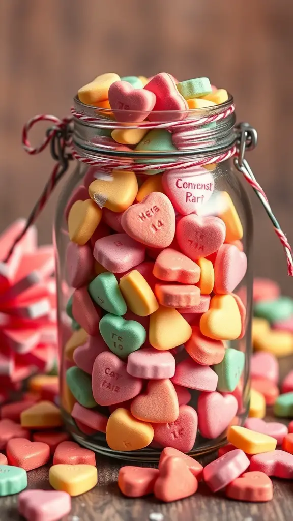 A jar filled with colorful heart-shaped candies, perfect for Valentine's Day.