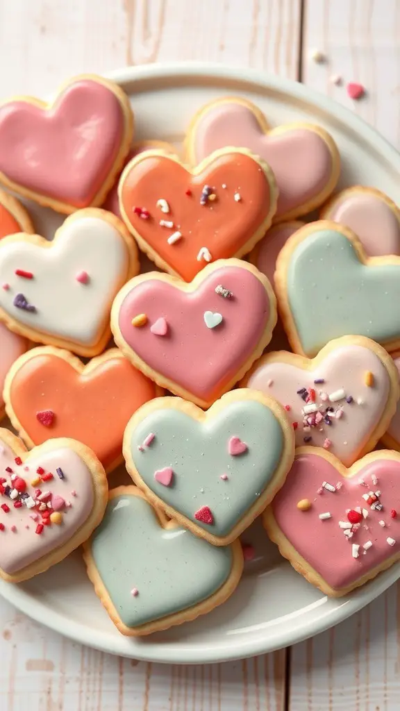 A plate of heart-shaped cookies decorated with colorful icing and sprinkles.