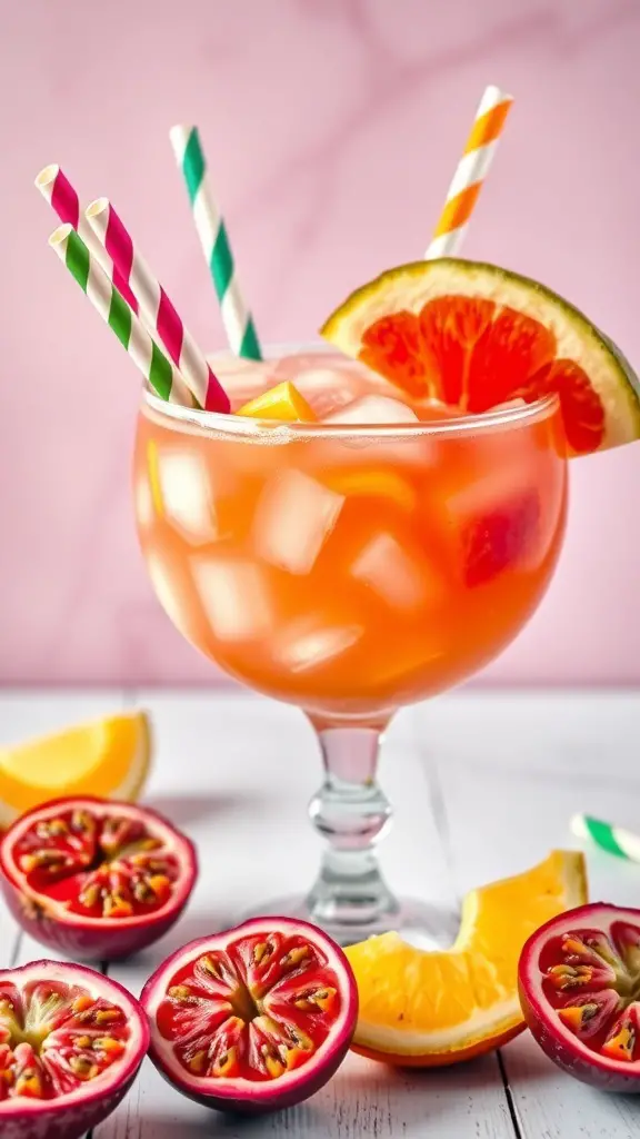 A vibrant tropical punch mocktail in a glass with colorful straws, surrounded by fresh fruits.