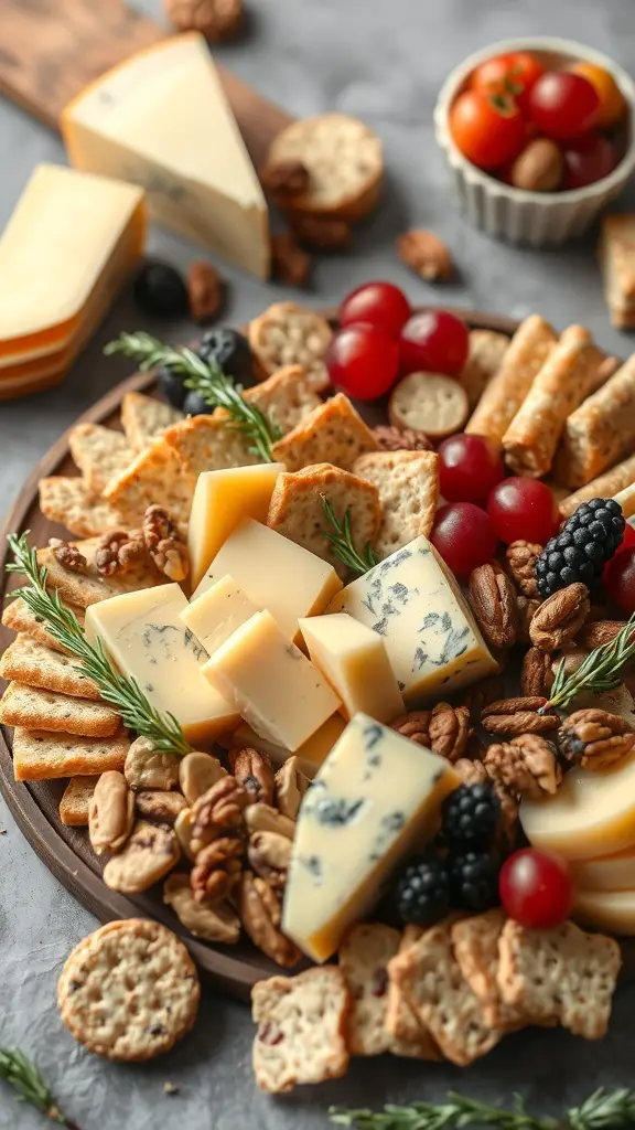 A colorful cheese and crackers platter with various cheeses, crackers, fruits, and nuts.