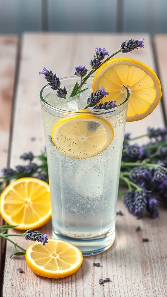 A glass of sparkling lavender lemonade garnished with lemon slices and lavender sprigs, surrounded by fresh lemons and lavender flowers.