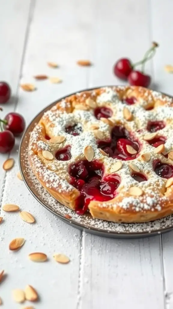 A delicious cherry almond clafoutis topped with powdered sugar and slivered almonds, surrounded by fresh cherries.