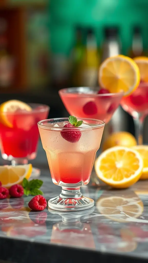 Colorful Raspberry Lemon Drop Shots with lemon slices and raspberries