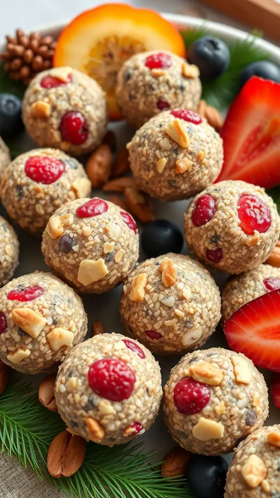 A plate of fruit and nut energy bites surrounded by fresh berries and nuts.