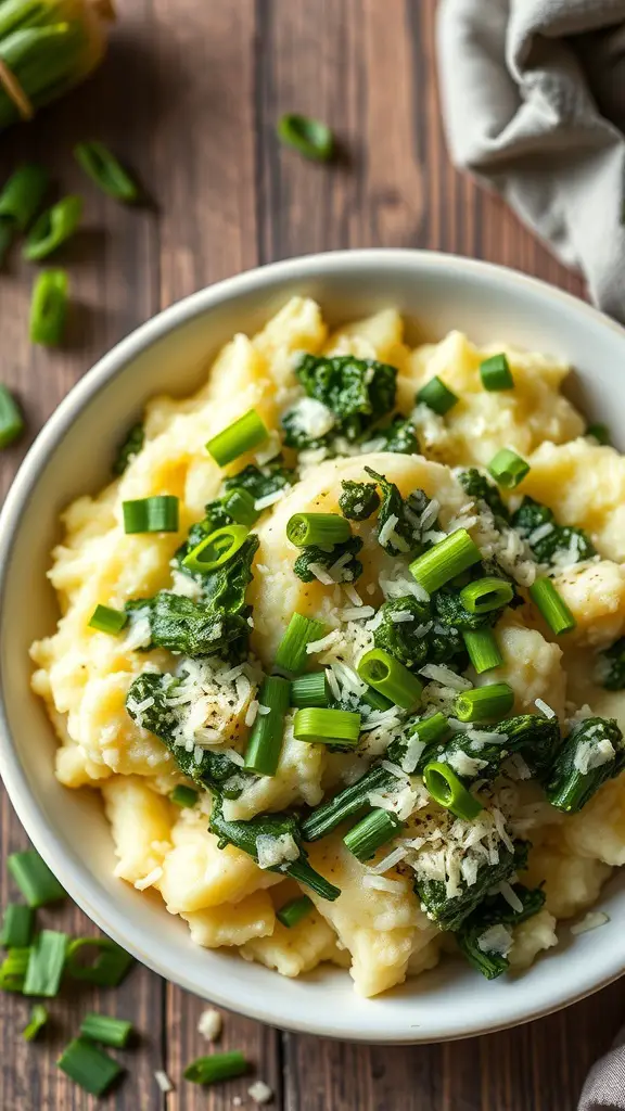 A bowl of colcannon with kale and potatoes, topped with green onions and cheese.
