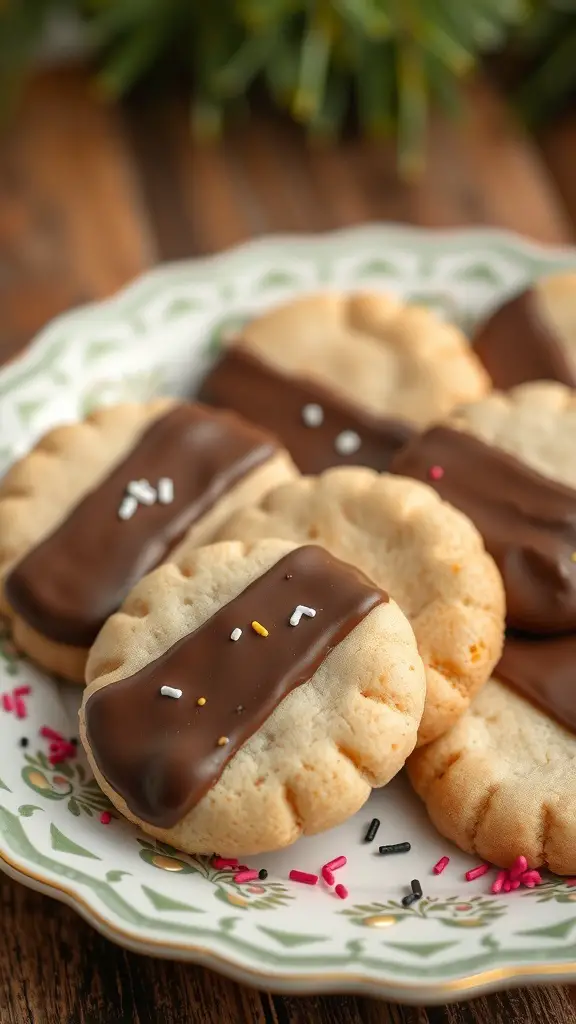 A plate of chocolate-dipped sugar cookies with colorful sprinkles