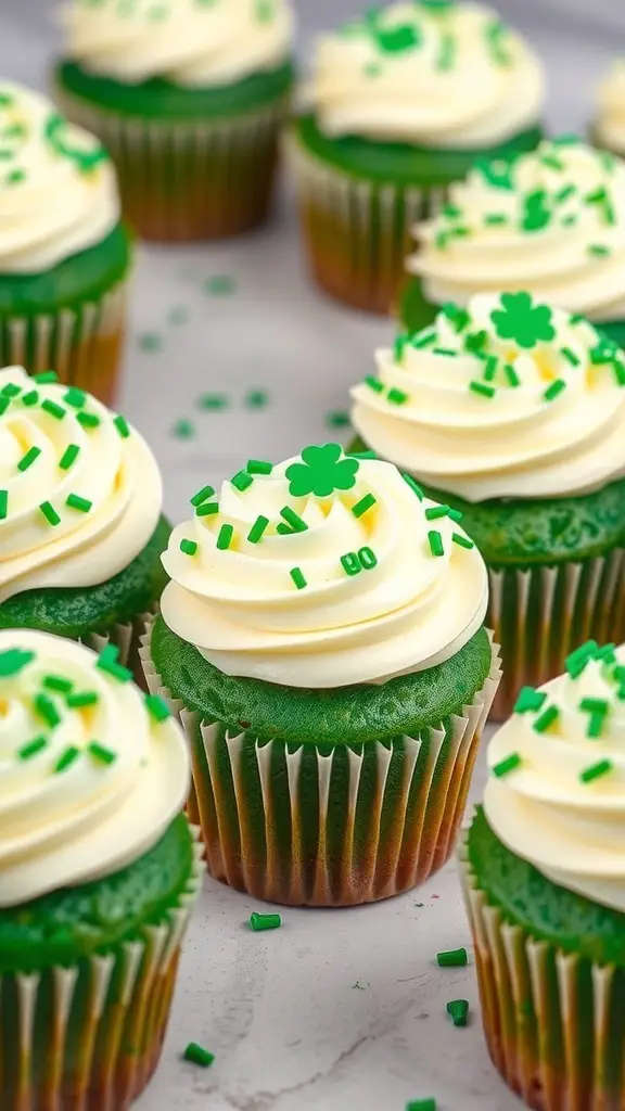 An array of green velvet cupcakes topped with white frosting and green sprinkles, perfect for St. Patrick's Day.