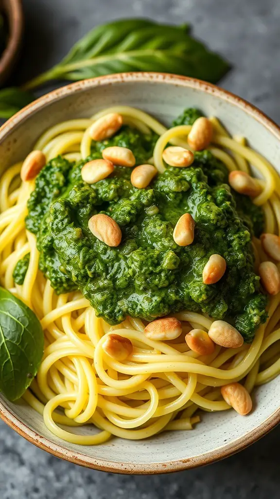 A bowl of zucchini noodles topped with green pesto and pine nuts.